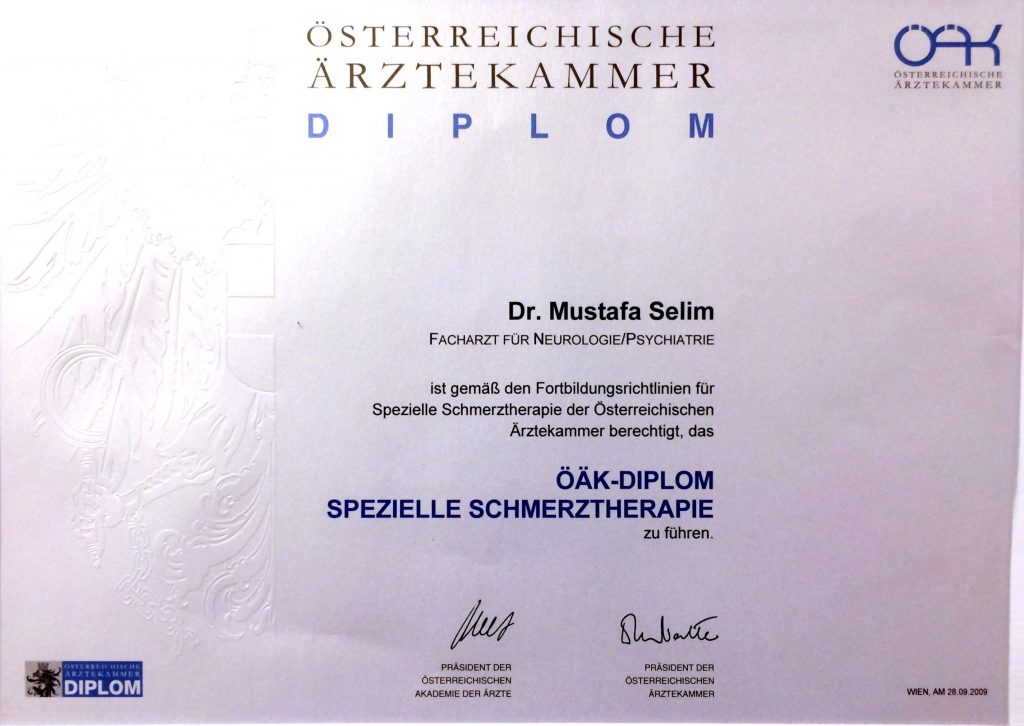 Diplom der Ärztekammer für spezielle Schmerztherapie